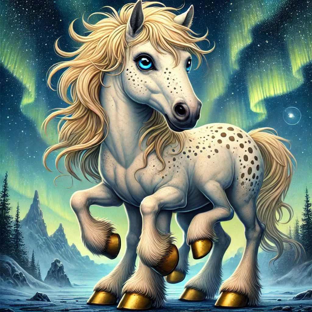 Sleipnir – white coat with gold spots, eight legs with gold hooves, blonde main, big blue eyes