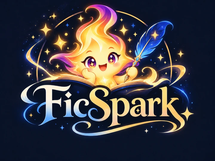 FicSpark logo: Spark, a golden flame with a blue quill, over an open book